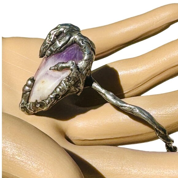 Handcrafted Amethyst Stone Claw Bangle Bracelet With Silver Blend Twist Design - Picture 7 of 11